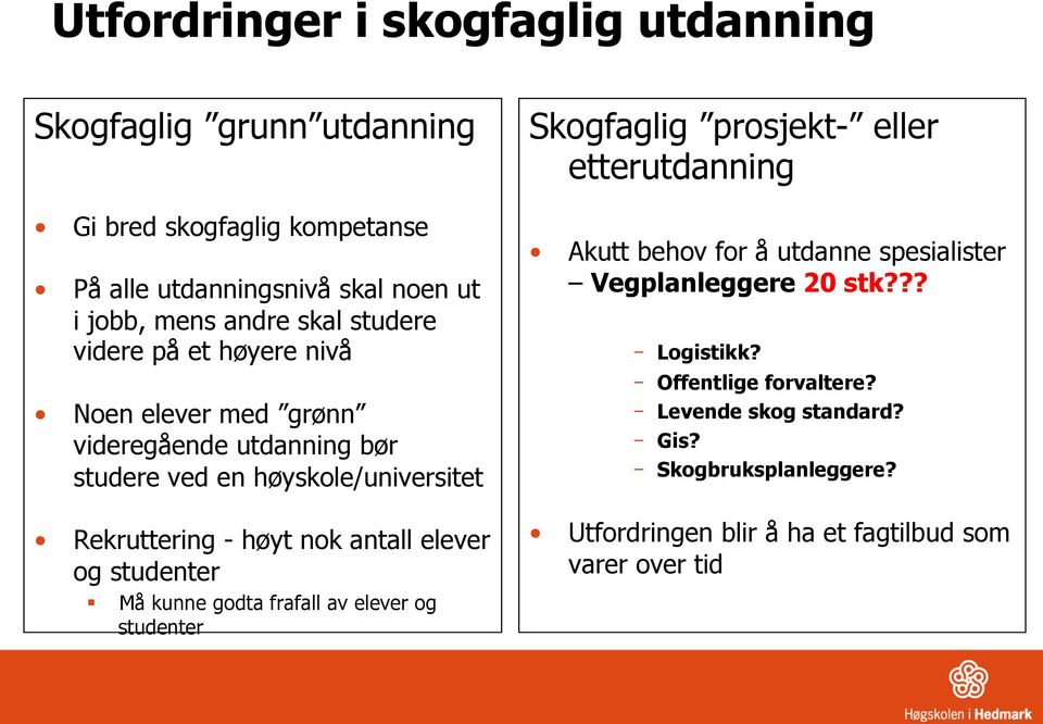 elever og studenter Må kunne godta frafall av elever og studenter Skogfaglig prosjekt- eller etterutdanning Akutt behov for å utdanne spesialister