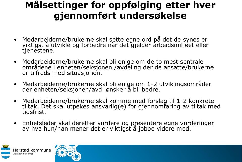 Medarbeiderne/brukerne skal bli enige om de to mest sentrale områdene i enheten/seksjonen /avdeling der de ansatte/brukerne er tilfreds med situasjonen.