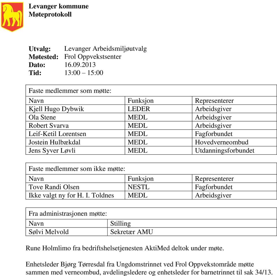 Fagforbundet Jostein Hulbækdal MEDL Hovedverneombud Jens Syver Løvli MEDL Utdanningsforbundet Faste medlemmer som ikke møtte: Navn Funksjon Representerer Tove Randi Olsen NESTL Fagforbundet Ikke