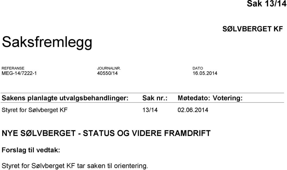 : Møtedato: Votering: Styret for Sølvberget KF 13/14 02.06.