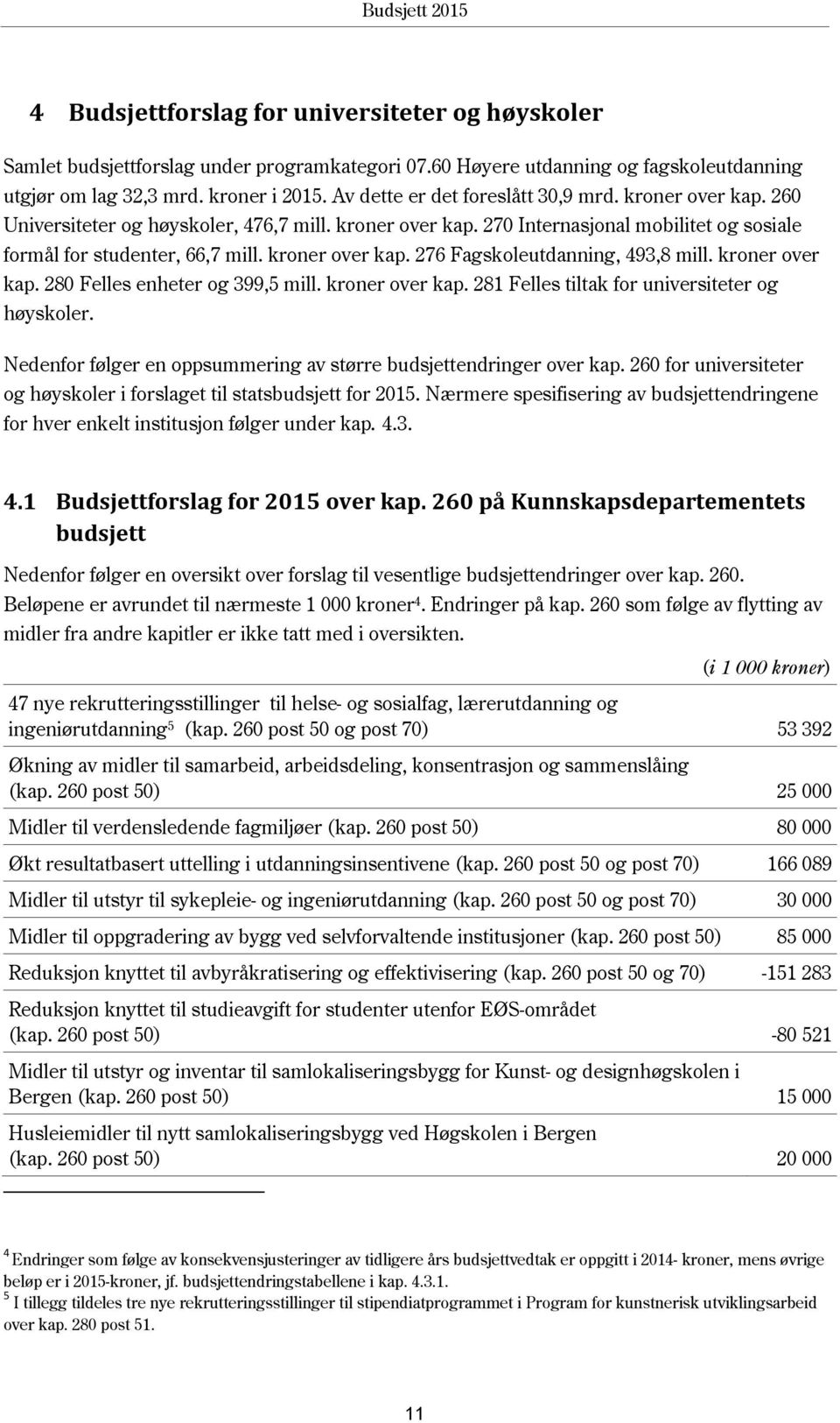 kroner over kap. 276 Fagskoleutdanning, 493,8 mill. kroner over kap. 280 Felles enheter og 399,5 mill. kroner over kap. 281 Felles tiltak for universiteter og høyskoler.