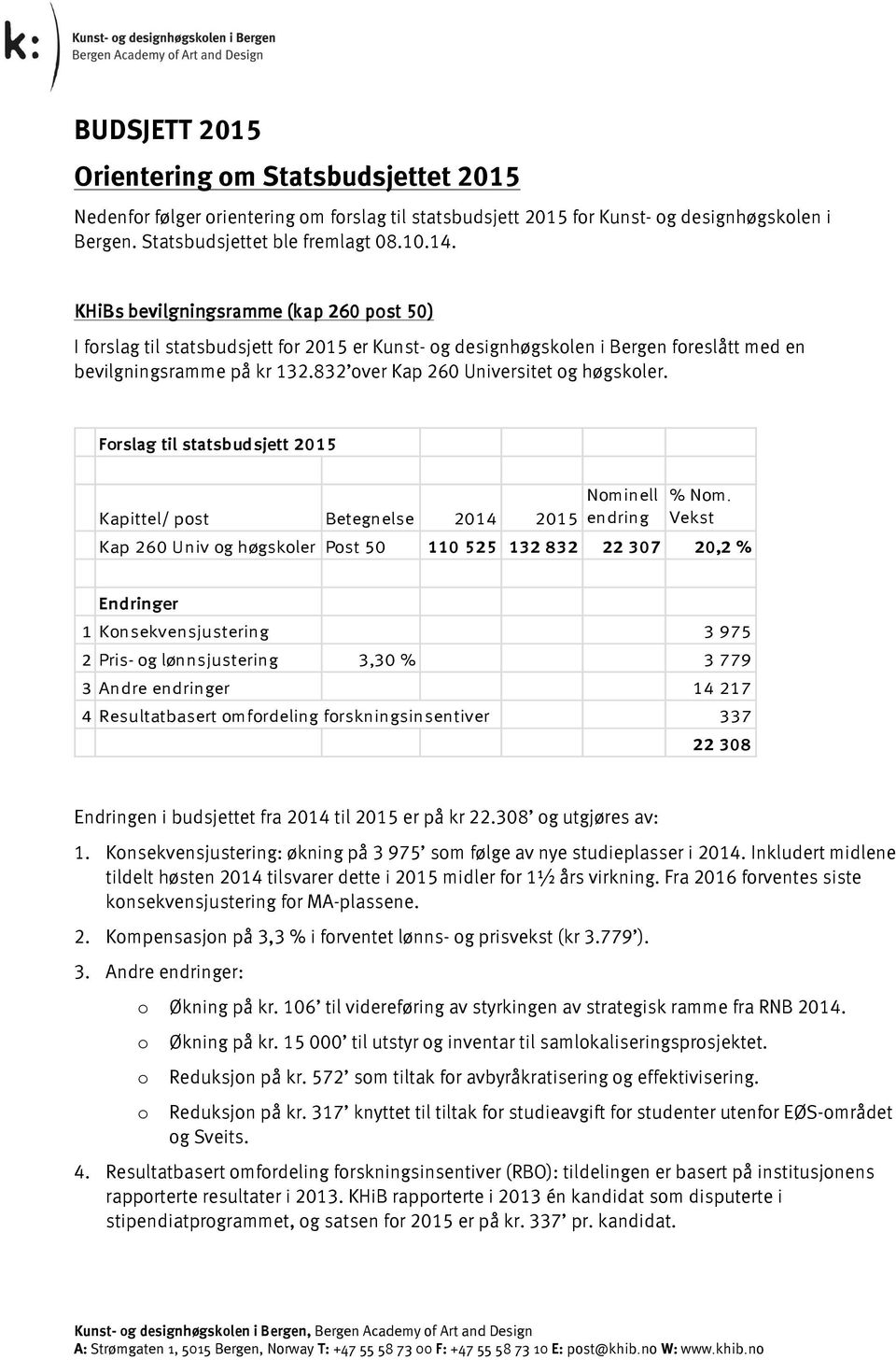 832 over Kap 260 Universitet og høgskoler. Forslag til statsbudsjett 2015 Kapittel/ post Betegnelse 2014 2015 Nominell endring % Nom.