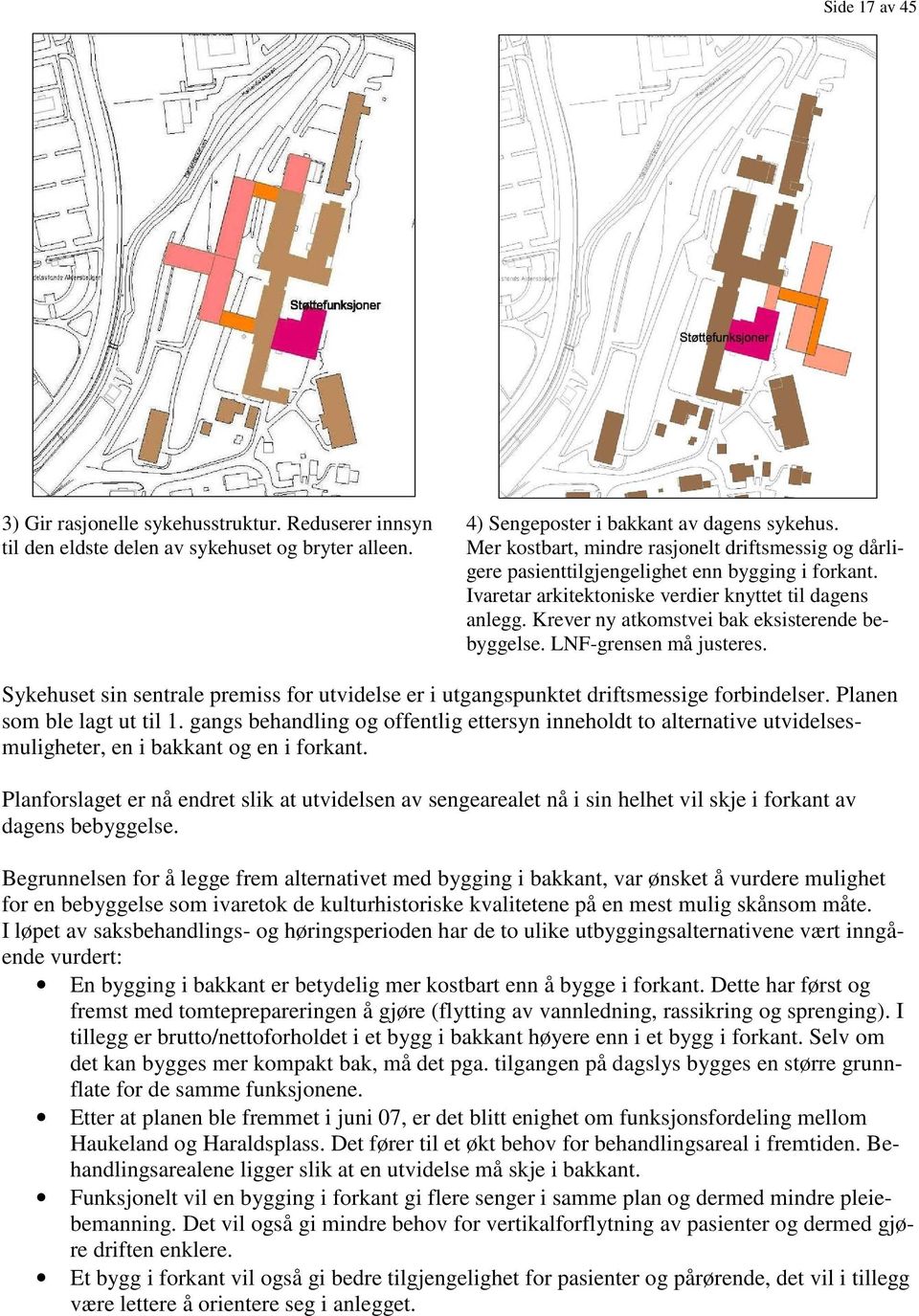 Krever ny atkomstvei bak eksisterende bebyggelse. LNF-grensen må justeres. Sykehuset sin sentrale premiss for utvidelse er i utgangspunktet driftsmessige forbindelser. Planen som ble lagt ut til 1.