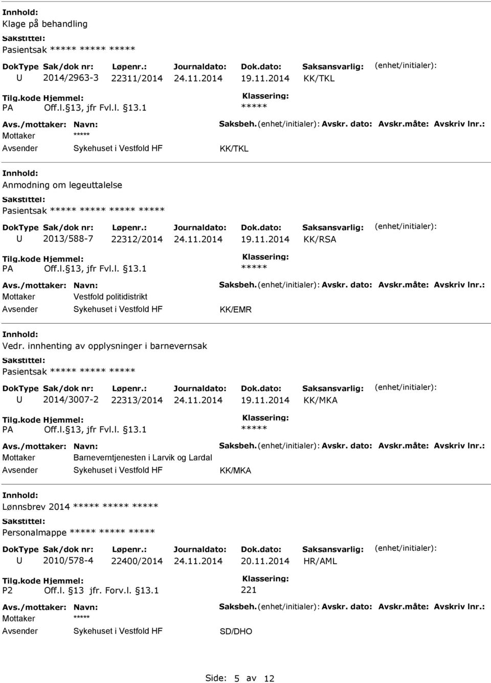 : Mottaker Vestfold politidistrikt KK/EMR Vedr. innhenting av opplysninger i barnevernsak Pasientsak 2014/3007-2 22313/2014 KK/MKA Avs./mottaker: Navn: Saksbeh. Avskr.