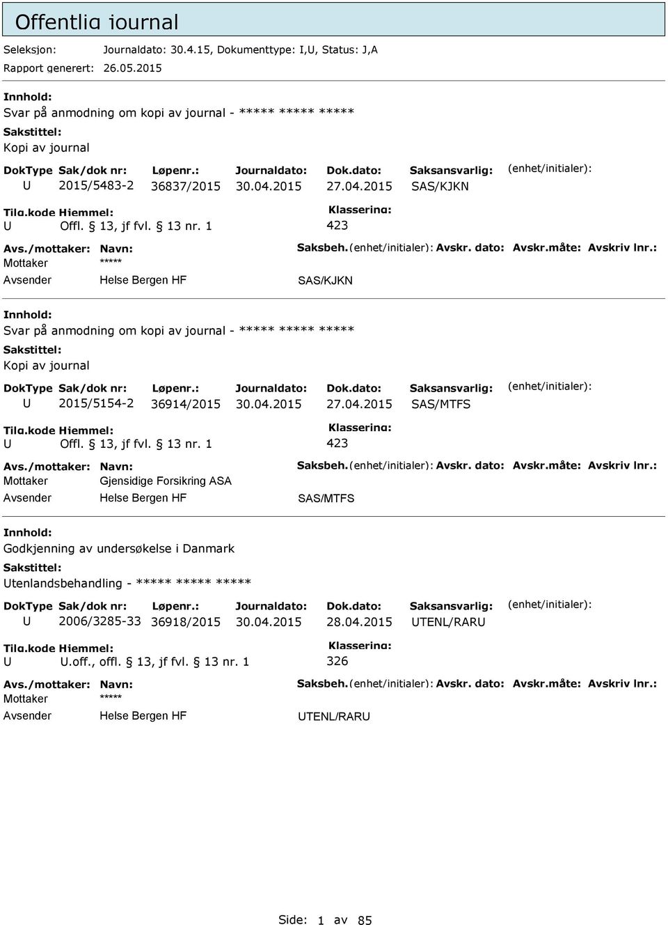 : SAS/KJKN Svar på anmodning om kopi av journal - ***** ***** ***** Kopi av journal 2015/5154-2 36914/2015 27.04.2015 SAS/MTFS Avs./mottaker: Navn: Saksbeh. Avskr. dato: Avskr.