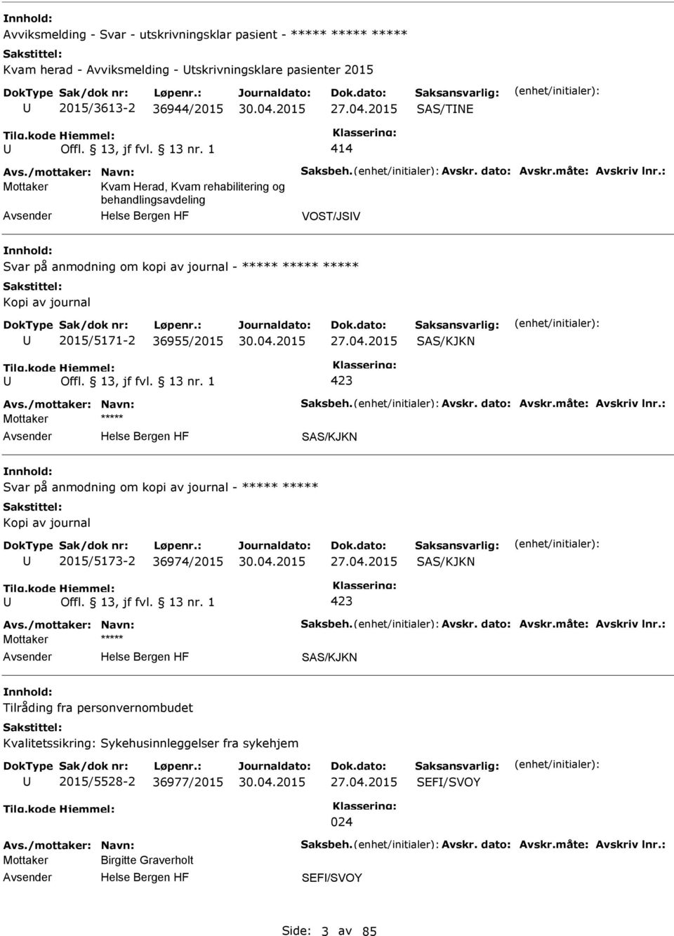 : Mottaker Kvam Herad, Kvam rehabilitering og behandlingsavdeling VOST/JSV Svar på anmodning om kopi av journal - ***** ***** ***** Kopi av journal 2015/5171-2 36955/2015 27.04.2015 SAS/KJKN Avs.