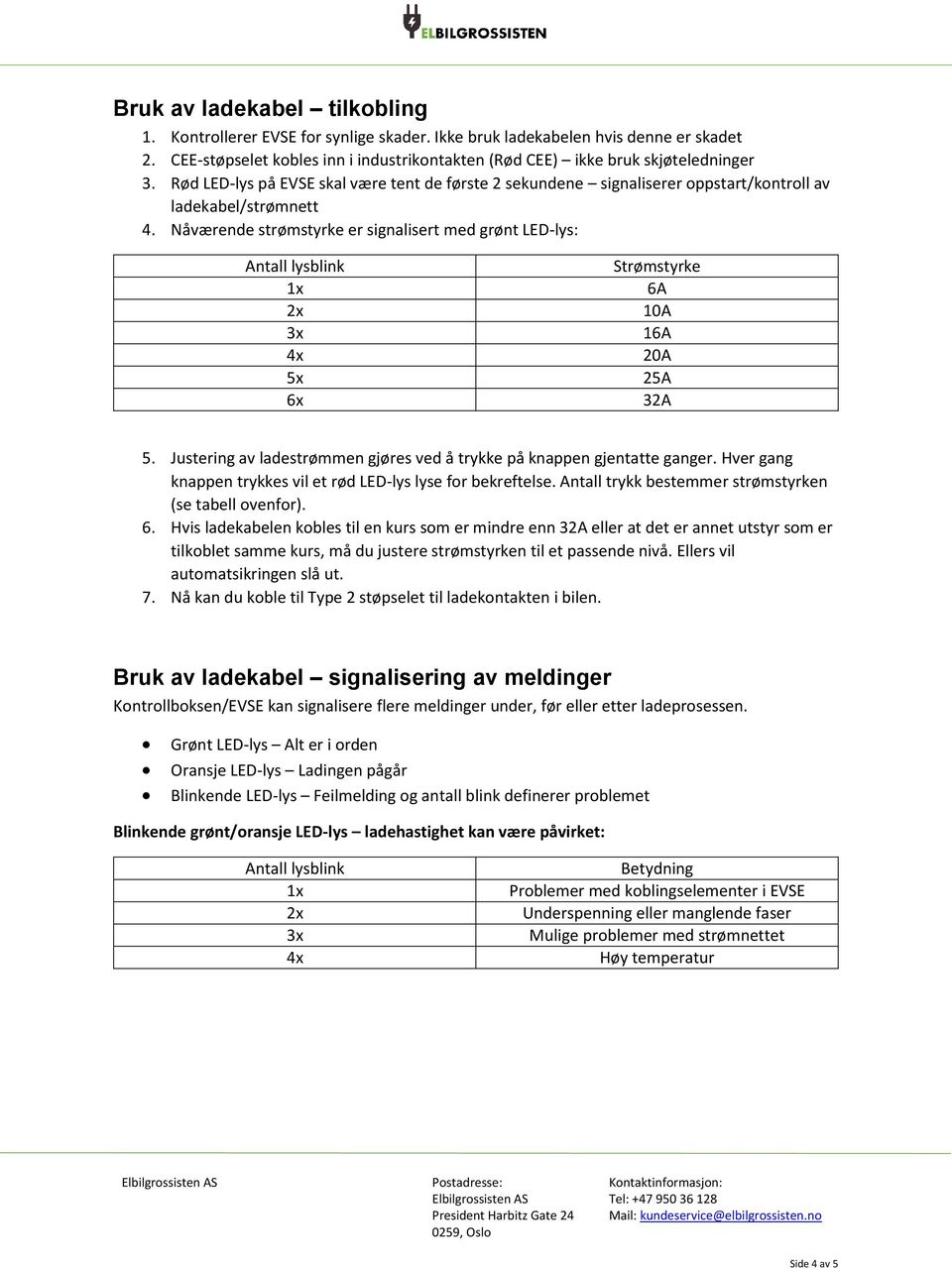 Nåværende strømstyrke er signalisert med grønt LED-lys: 5x 6x Strømstyrke 6A 10A 16A 20A 25A 32A 5. Justering av ladestrømmen gjøres ved å trykke på knappen gjentatte ganger.