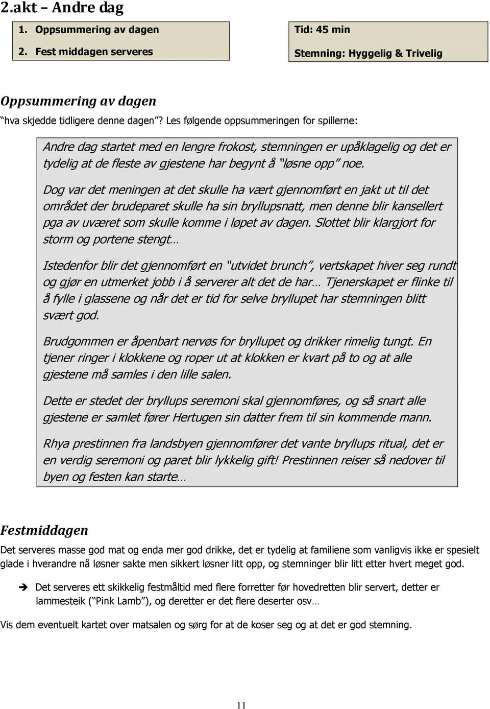 Dog var det meningen at det skulle ha vært gjennomført en jakt ut til det området der brudeparet skulle ha sin bryllupsnatt, men denne blir kansellert pga av uværet som skulle komme i løpet av dagen.