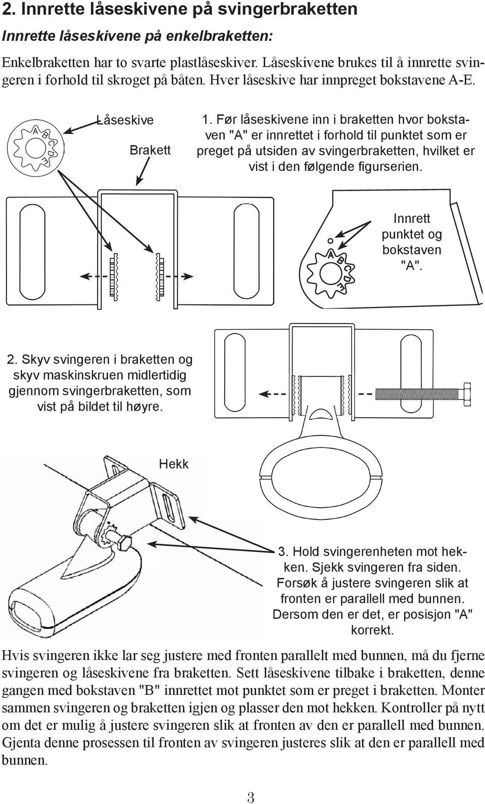 Før låseskivene inn i braketten hvor bokstaven "A" er innrettet i forhold til punktet som er preget på utsiden av svingerbraketten, hvilket er vist i den følgende figurserien.