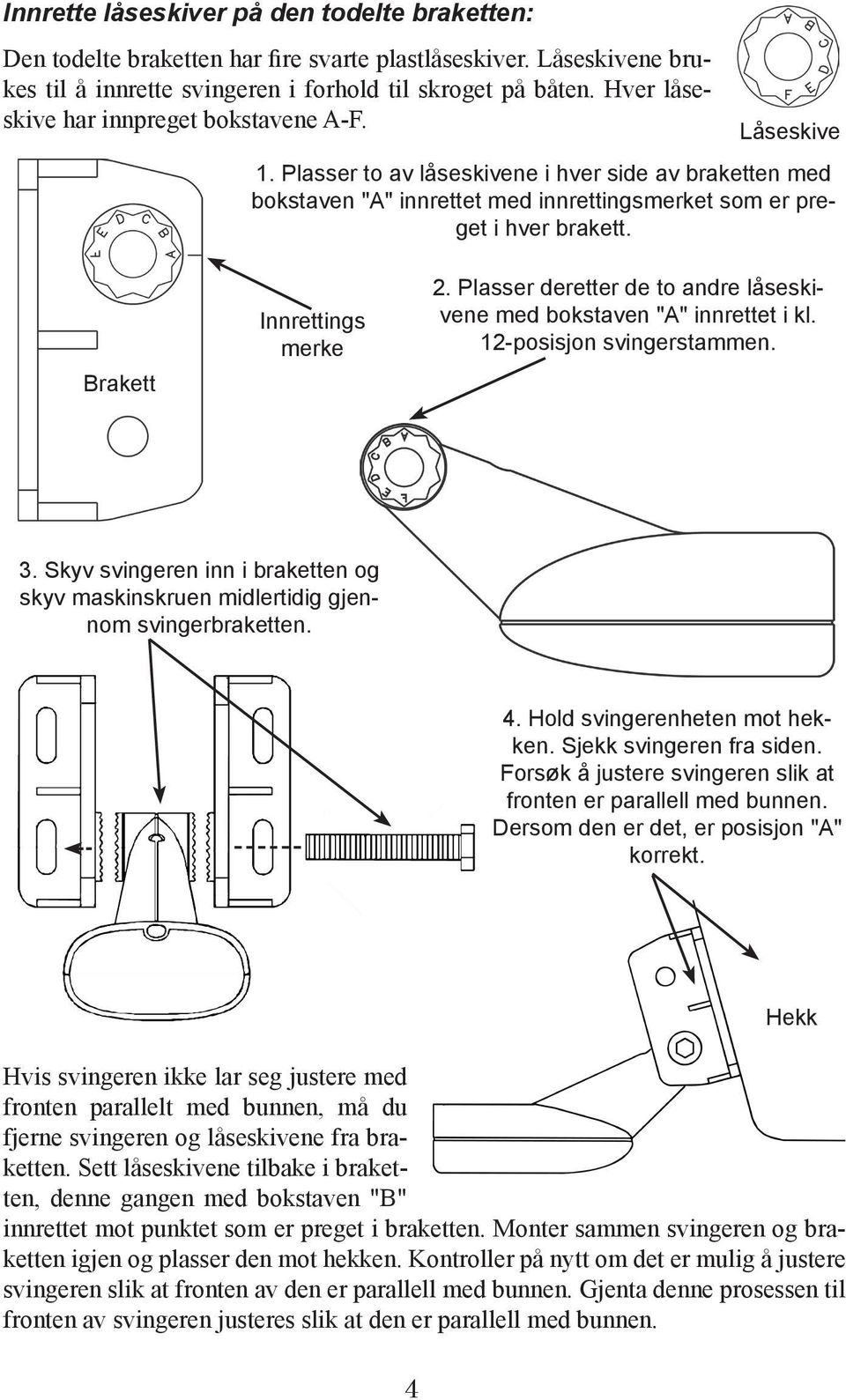 Brakett Innrettings merke 2. Plasser deretter de to andre låseskivene med bokstaven "A" innrettet i kl. 12-posisjon svingerstammen. 3.