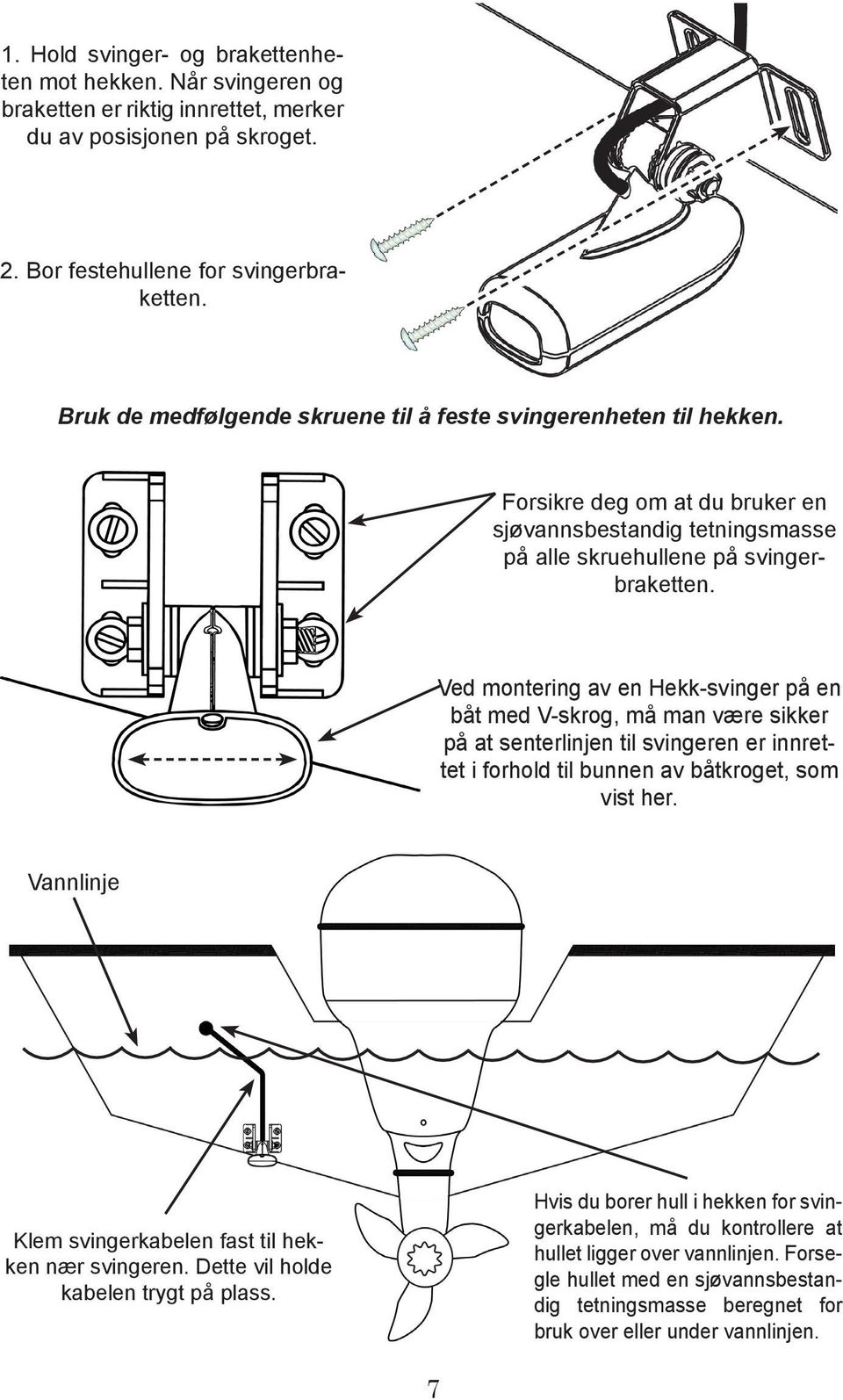 Ved montering av en Hekk-svinger på en båt med V-skrog, må man være sikker på at senterlinjen til svingeren er innrettet i forhold til bunnen av båtkroget, som vist her.