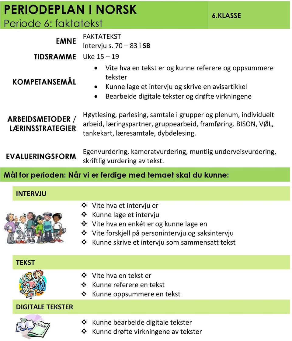 gruppearbeid, framføring. BISON, VØL, tankekart, læresamtale, dybdelesing. Egenvurdering, kameratvurdering, muntlig underveisvurdering, skriftlig vurdering av tekst.