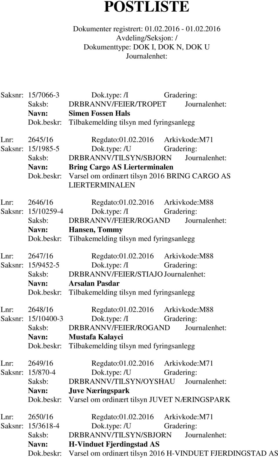 beskr: Varsel om ordinært tilsyn 2016 BRING CARGO AS LIERTERMINALEN Lnr: 2646/16 Regdato:01.02.2016 Arkivkode:M88 Saksnr: 15/10259-4 Dok.