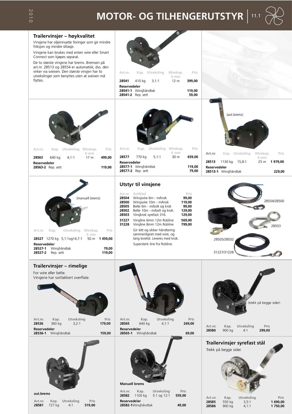 Utveksling Wirekap. 6 mm 28541 410 kg 3,1:1 12 m 399,00 Reservedeler 28541-1 Winsjhåndtak 119,00 28541-2 Rep. sett 59,00 (aut.brems) Art.nr. Kap. Utveksling Wirekap.