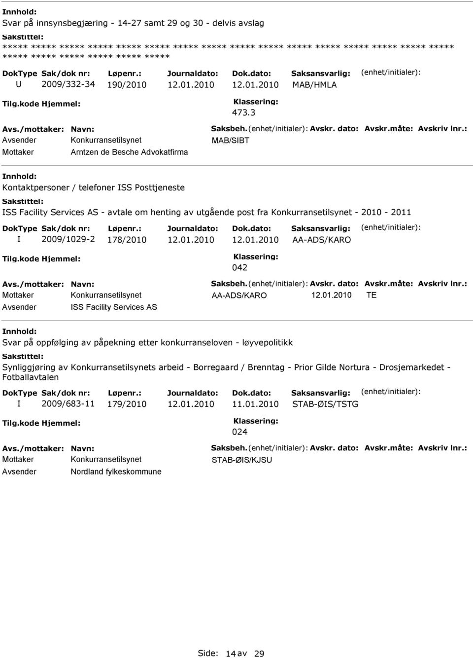 3 MAB/SBT Mottaker Arntzen de Besche Advokatfirma nnhold: Kontaktpersoner / telefoner SS Posttjeneste SS Facility Services AS - avtale om henting av utgående post fra Konkurransetilsynet - 2010-2011