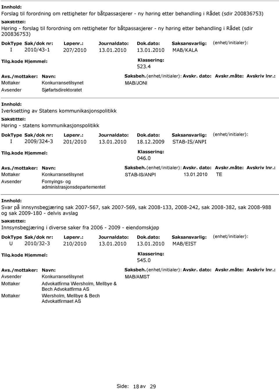 4 MAB/JON Avsender Sjøfartsdirektoratet nnhold: verksetting av Statens kommunikasjonspolitikk Høring - statens kommunikasjonspolitikk 2009/324-3 201/2010 18.12.2009 STAB-S/ANP 046.