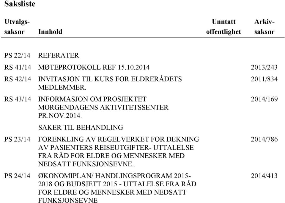 2014. SAKER TIL BEHANDLING FORENKLING AV REGELVERKET FOR DEKNING AV PASIENTERS REISEUTGIFTER- UTTALELSE FRA RÅD FOR ELDRE OG MENNESKER MED NEDSATT