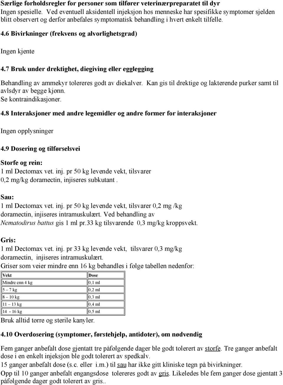 6 Bivirkninger (frekvens og alvorlighetsgrad) Ingen kjente 4.7 Bruk under drektighet, diegiving eller egglegging Behandling av ammekyr tolereres godt av diekalver.