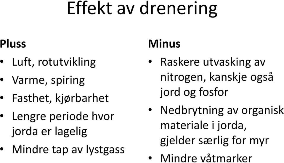 Minus Raskere utvasking av nitrogen, kanskje også jord og fosfor