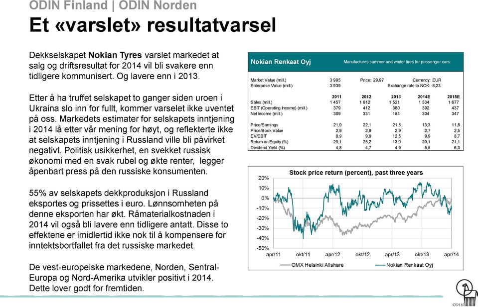 Markedets estimater for selskapets inntjening i 2014 lå etter vår mening for høyt, og reflekterte ikke at selskapets inntjening i Russland ville bli påvirket negativt.