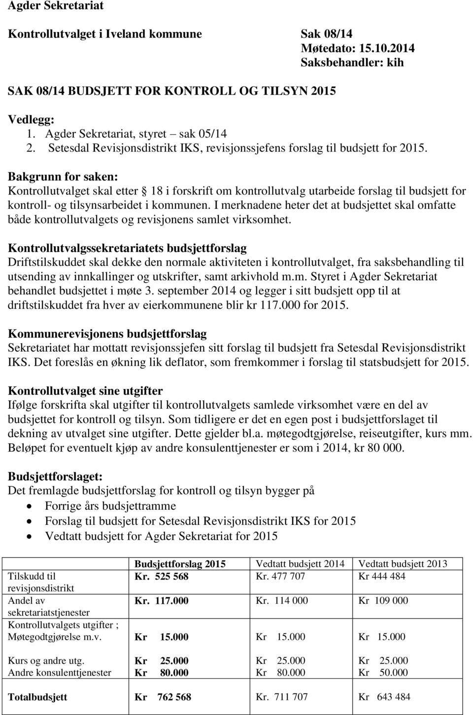 Bakgrunn for saken: Kontrollutvalget skal etter 18 i forskrift om kontrollutvalg utarbeide forslag til budsjett for kontroll- og tilsynsarbeidet i kommunen.