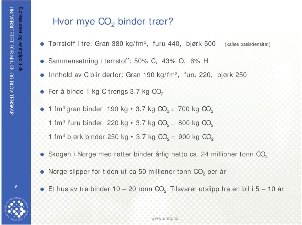 190 kg/fm 3, furu 220, bjørk 250 For å binde 1 kg C trengs 3.7 kg CO 2 1 fm 3 gran binder 190 kg 3.7 kg CO 2 = 700 kg CO 2 1 fm 3 furu binder 220 kg 3.