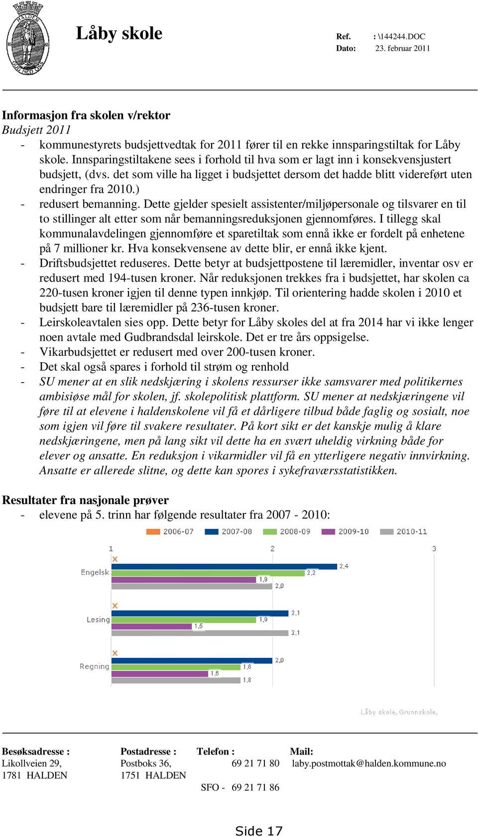 ) - redusert bemanning. Dette gjelder spesielt assistenter/miljøpersonale og tilsvarer en til to stillinger alt etter som når bemanningsreduksjonen gjennomføres.