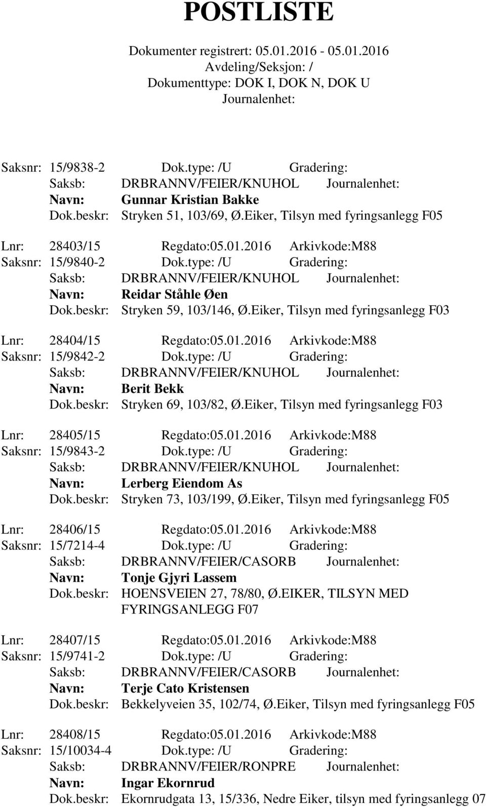 type: /U Gradering: Navn: Berit Bekk Dok.beskr: Stryken 69, 103/82, Ø.Eiker, Tilsyn med fyringsanlegg F03 Lnr: 28405/15 Regdato:05.01.2016 Arkivkode:M88 Saksnr: 15/9843-2 Dok.