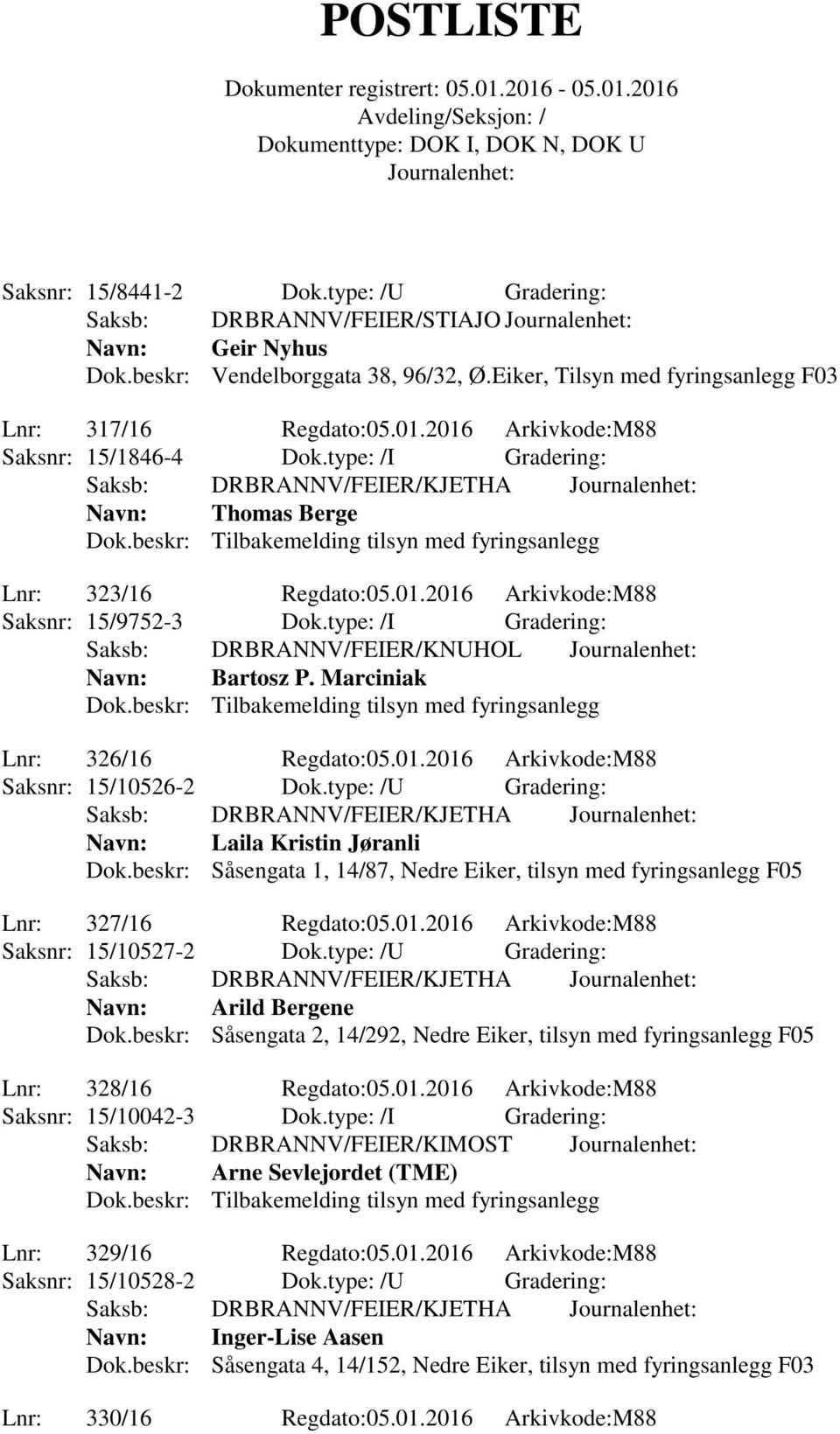 type: /I Gradering: Navn: Bartosz P. Marciniak Lnr: 326/16 Regdato:05.01.2016 Arkivkode:M88 Saksnr: 15/10526-2 Dok.type: /U Gradering: Saksb: DRBRANNV/FEIER/KJETHA Navn: Laila Kristin Jøranli Dok.