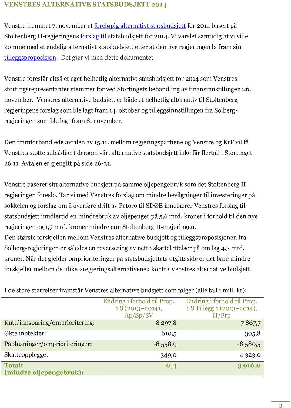 Venstre foreslår altså et eget helhetlig alternativt statsbudsjett for 2014 som Venstres stortingsrepresentanter stemmer for ved Stortingets behandling av finansinnslingen 26. november.