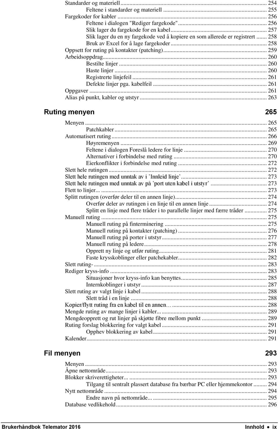 .. 260 Bestilte linjer... 260 Haste linjer... 260 Registrerte linjefeil... 261 Defekte linjer pga. kabelfeil... 261 Oppgaver... 261 Alias på punkt, kabler og utstyr... 263 Ruting menyen 265 Menyen.