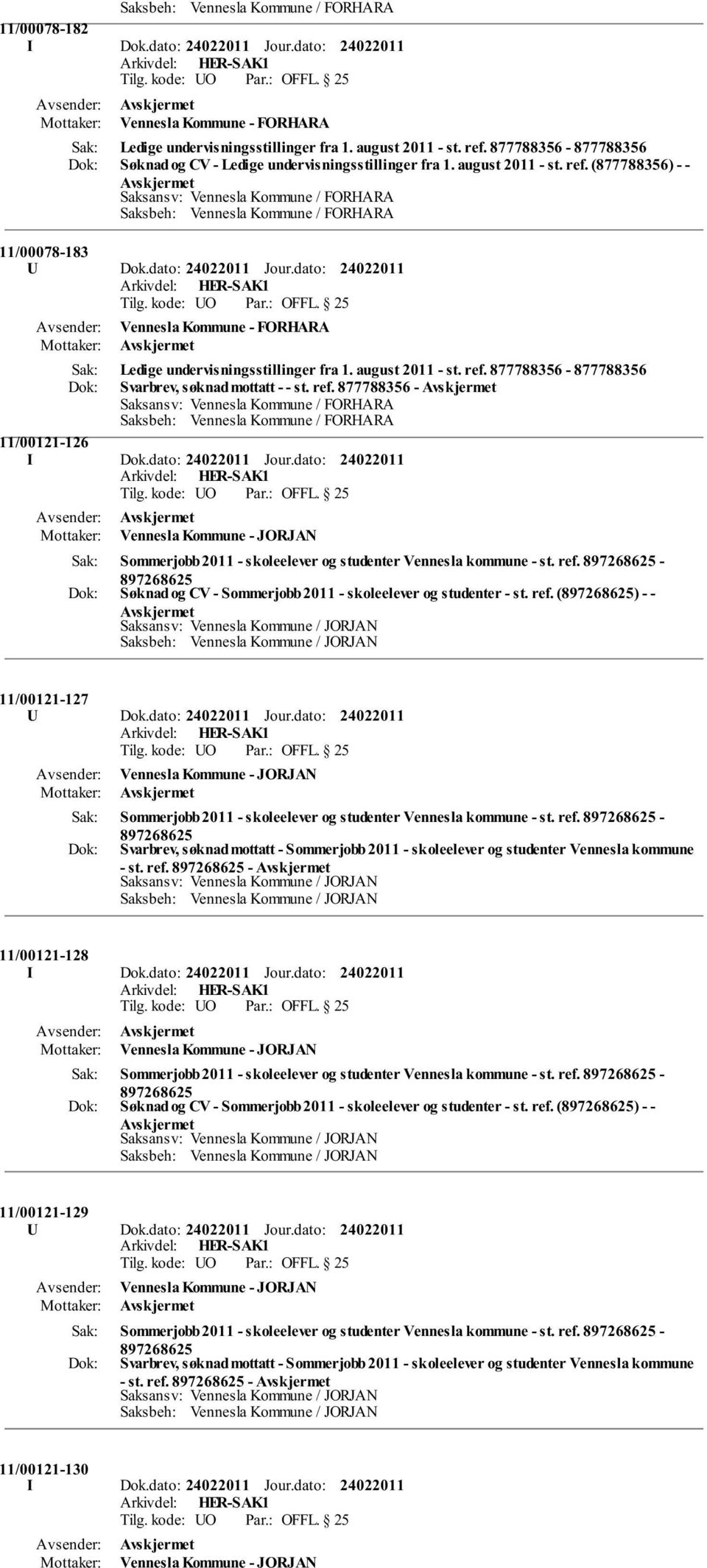 (877788356) - - Saksansv: Vennesla Kommune / FORHARA Saksbeh: Vennesla Kommune / FORHARA 11/00078-183 U Dok.dato: Jour.dato: Vennesla Kommune - FORHARA Ledige undervisningsstillinger fra 1.