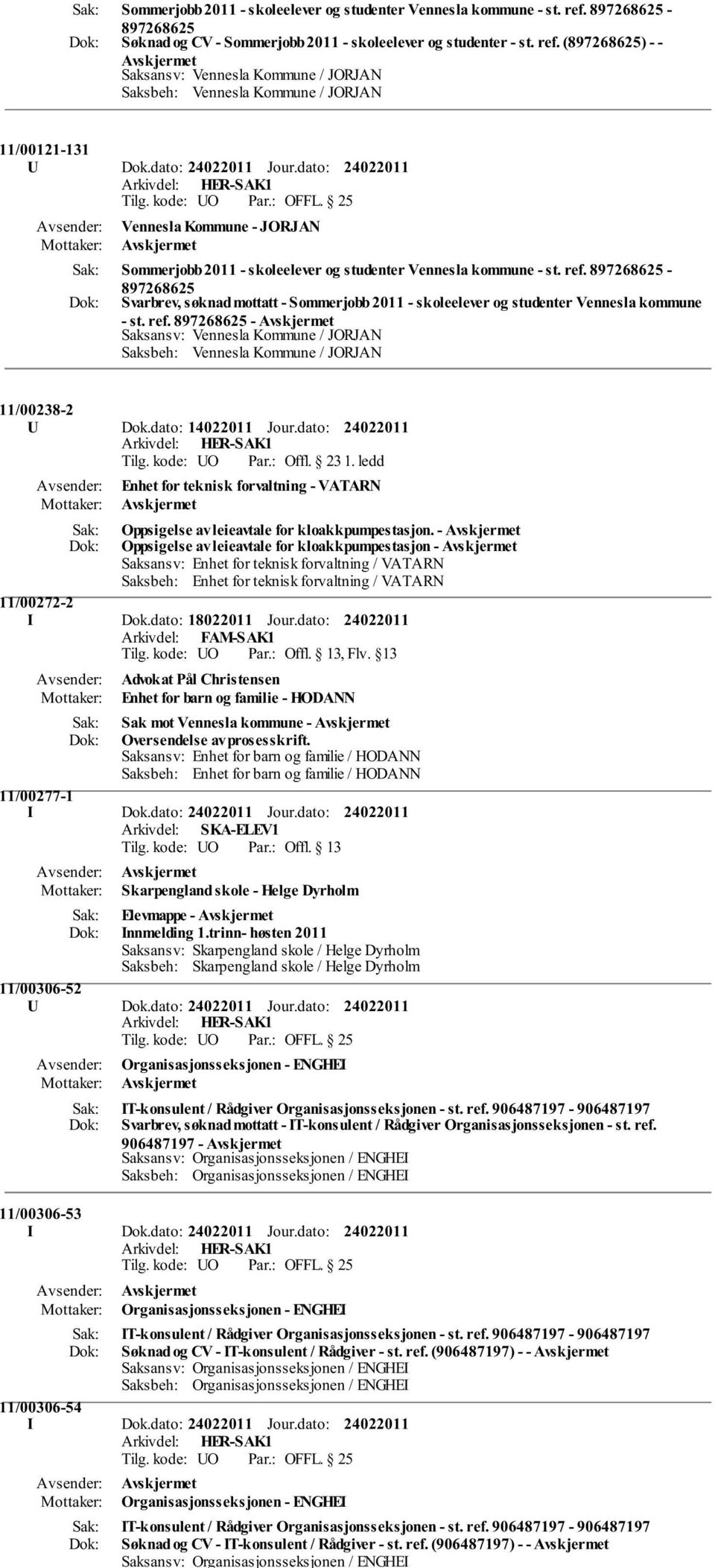 - Svarbrev, søknad mottatt - Sommerjobb 2011 - skoleelever og studenter Vennesla kommune - st. ref. - 11/00238-2 U Dok.dato: 14022011 Jour.dato: Tilg. kode: UO Par.: Offl. 23 1.