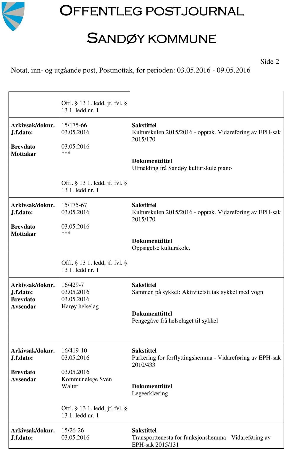 16/419-10 Sakstittel J.f.dato: 03.05.2016 Parkering for forflyttingshemma - Vidareføring av EPH-sak 2010/433 Kommunelege Sven Walter Legeerklæring Arkivsak/doknr. 15/26-26 Sakstittel J.f.dato: 03.05.2016 Transporttenesta for funksjonshemma - Vidareføring av EPH-sak 2015/131