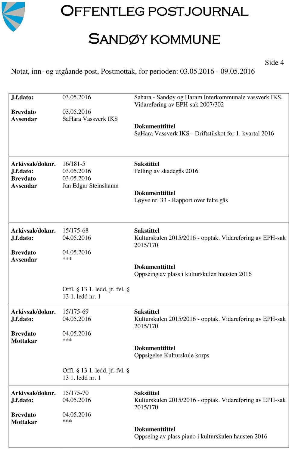 05.2016 Kulturskulen 2015/2016 - opptak. Vidareføring av EPH-sak *** Oppseing av plass i kulturskulen hausten 2016 Arkivsak/doknr. 15/175-69 Sakstittel J.f.dato: 04.05.2016 Kulturskulen 2015/2016 - opptak. Vidareføring av EPH-sak Mottakar *** Oppsigelse Kulturskule korps Arkivsak/doknr.