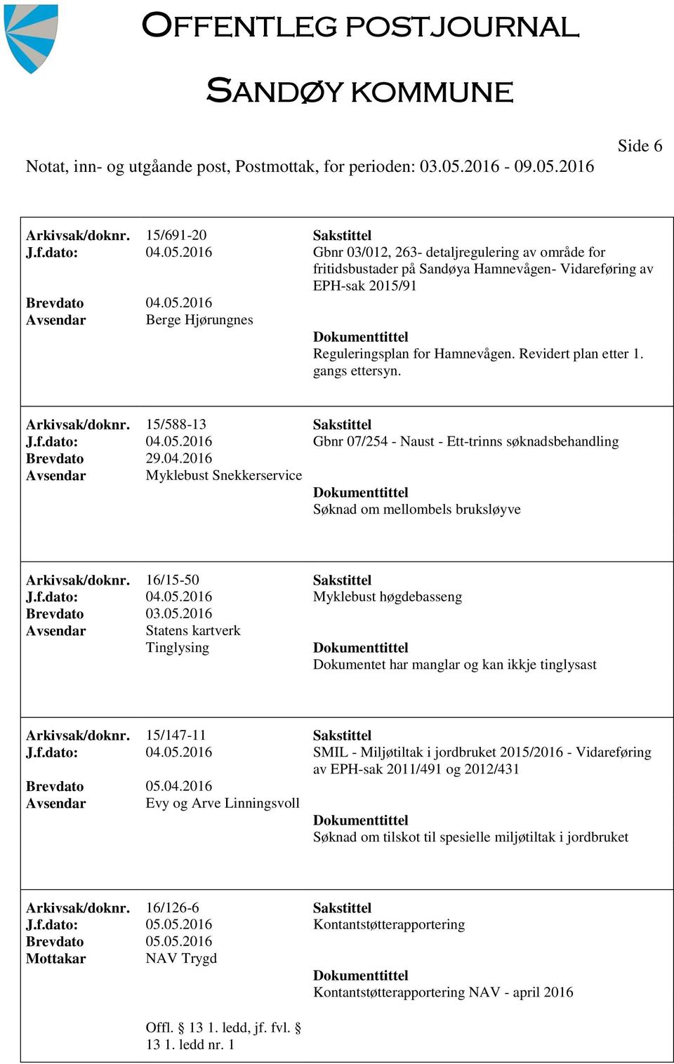 gangs ettersyn. Arkivsak/doknr. 15/588-13 Sakstittel J.f.dato: 04.05.2016 Gbnr 07/254 - Naust - Ett-trinns søknadsbehandling Brevdato 29.04.2016 Myklebust Snekkerservice Søknad om mellombels bruksløyve Arkivsak/doknr.