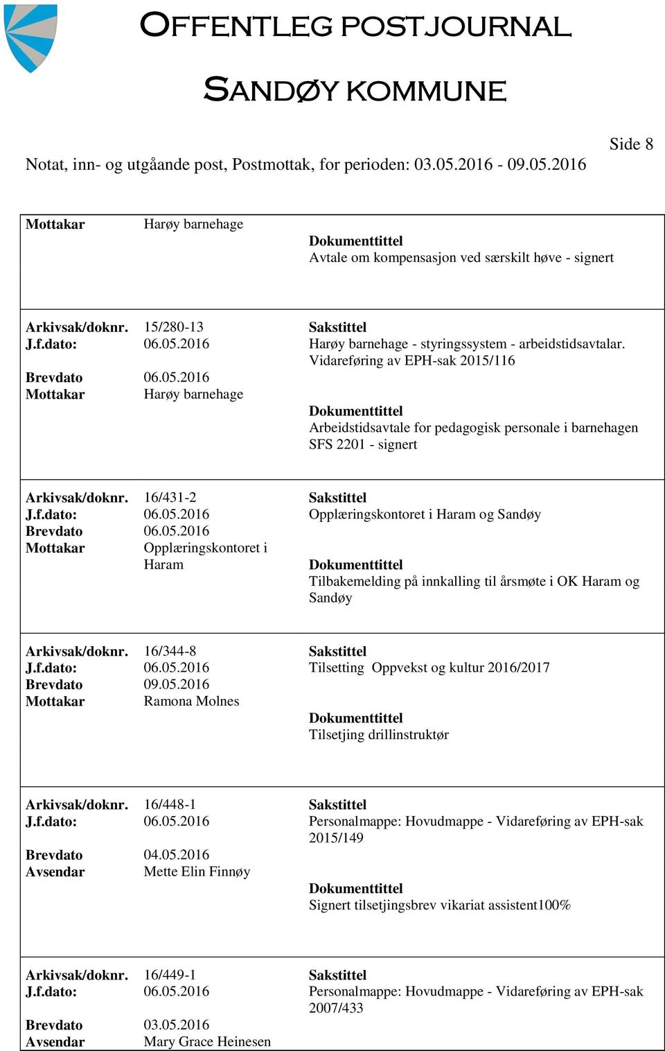 2016 Opplæringskontoret i Haram og Sandøy Mottakar Opplæringskontoret i Haram Tilbakemelding på innkalling til årsmøte i OK Haram og Sandøy Arkivsak/doknr. 16/344-8 Sakstittel J.f.dato: 06.05.