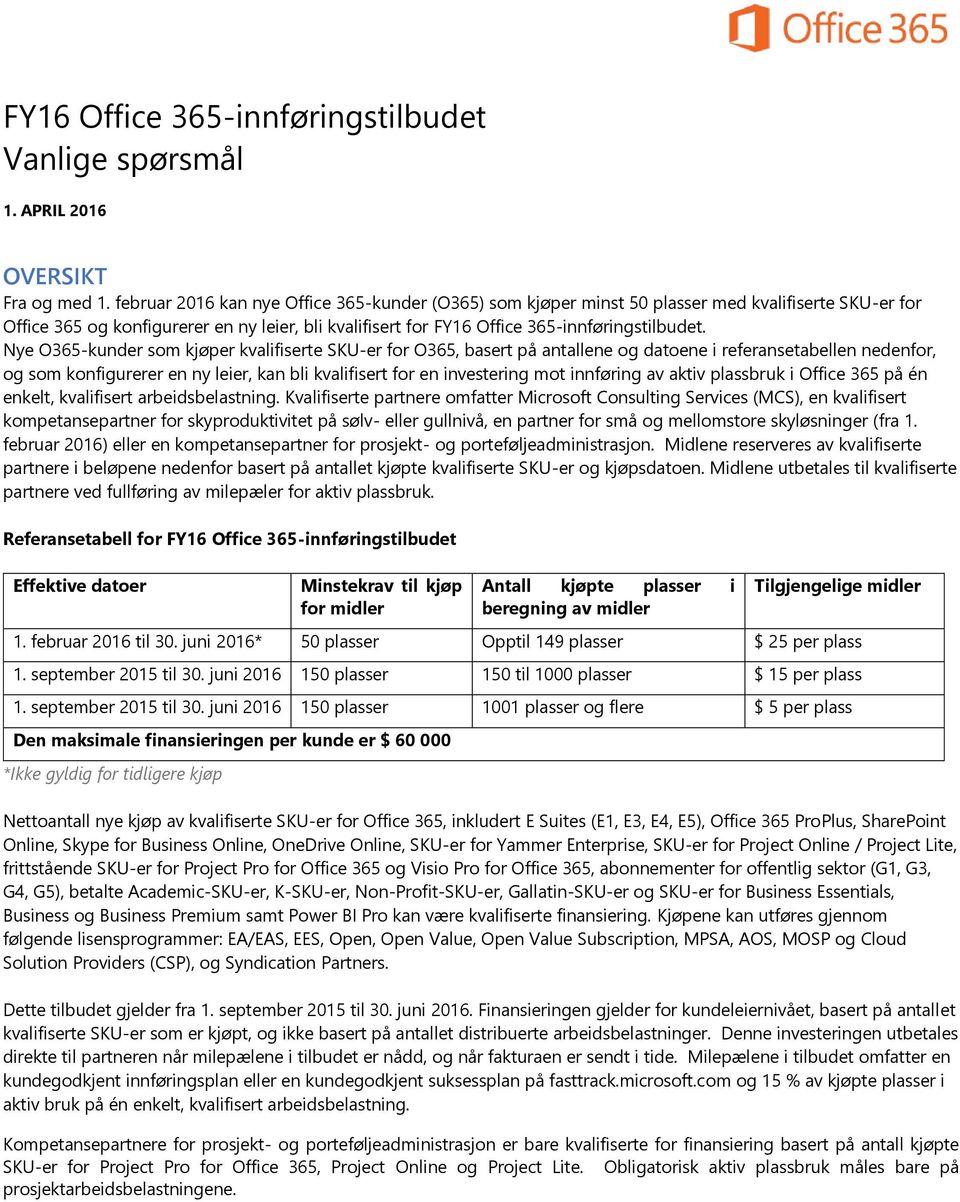 Nye O365-kunder som kjøper kvalifiserte SKU-er for O365, basert på antallene og datoene i referansetabellen nedenfor, og som konfigurerer en ny leier, kan bli kvalifisert for en investering mot