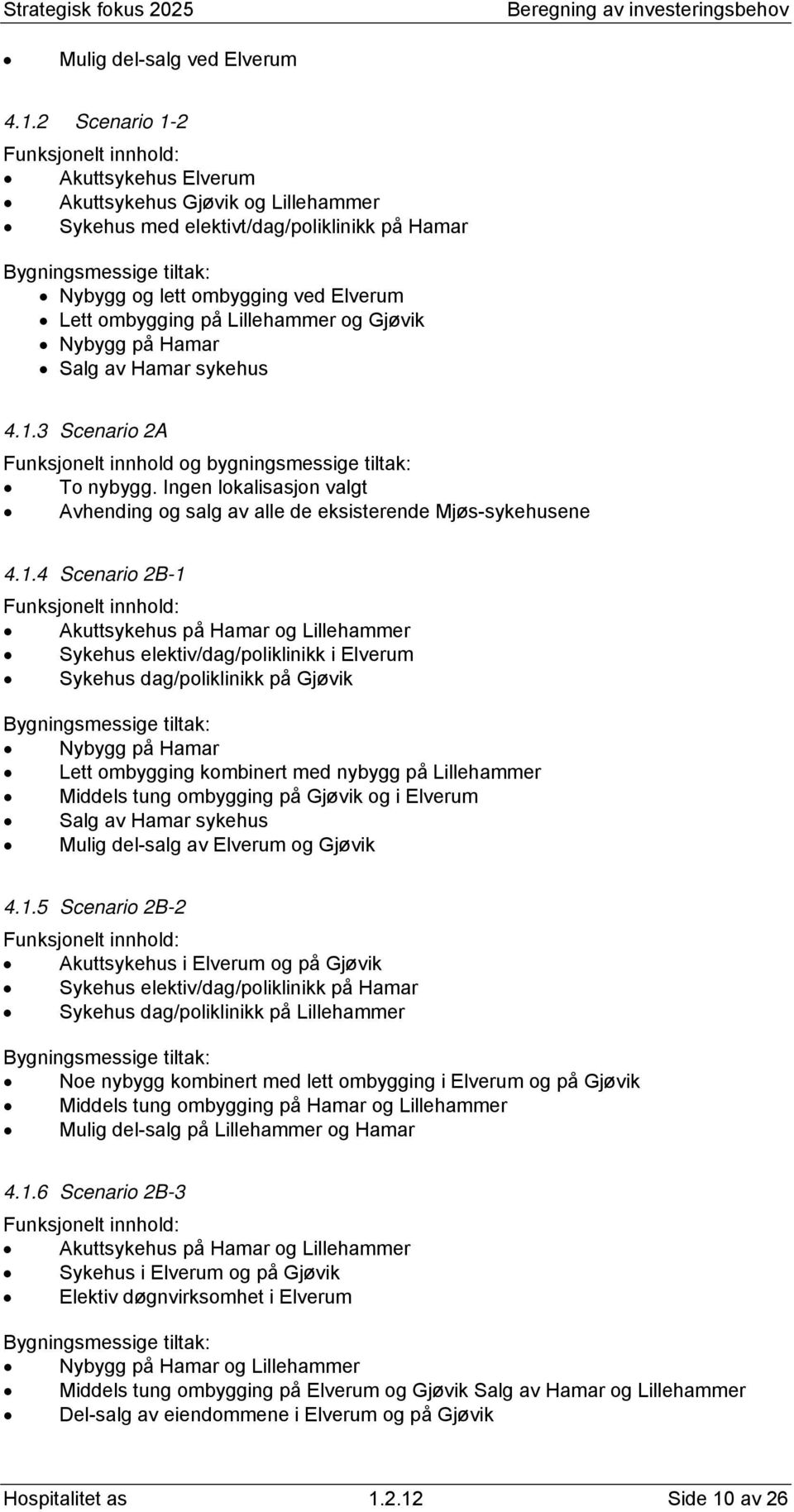 Lett ombygging på Lillehammer og Gjøvik Nybygg på Hamar Salg av Hamar sykehus 4.1.3 Scenario 2A Funksjonelt innhold og bygningsmessige tiltak: To.