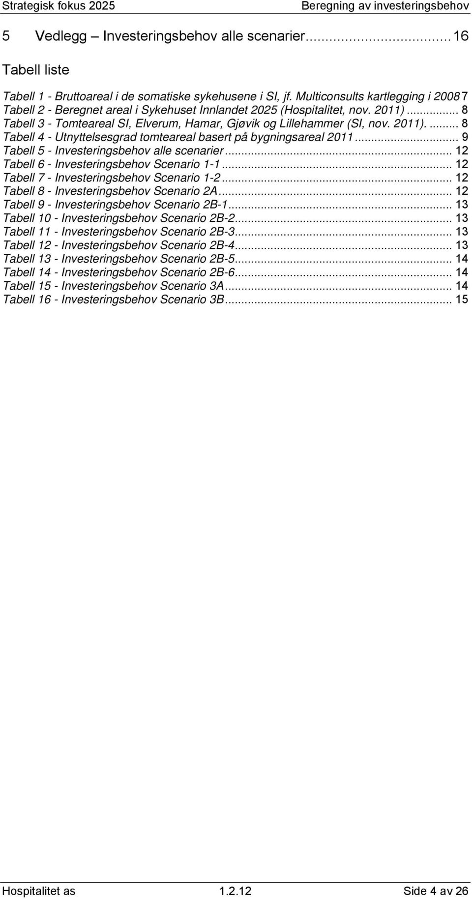 .. 9 Tabell 5 - Investeringsbehov alle scenarier... 12 Tabell 6 - Investeringsbehov Scenario 1-1... 12 Tabell 7 - Investeringsbehov Scenario 1-2... 12 Tabell 8 - Investeringsbehov Scenario 2A.