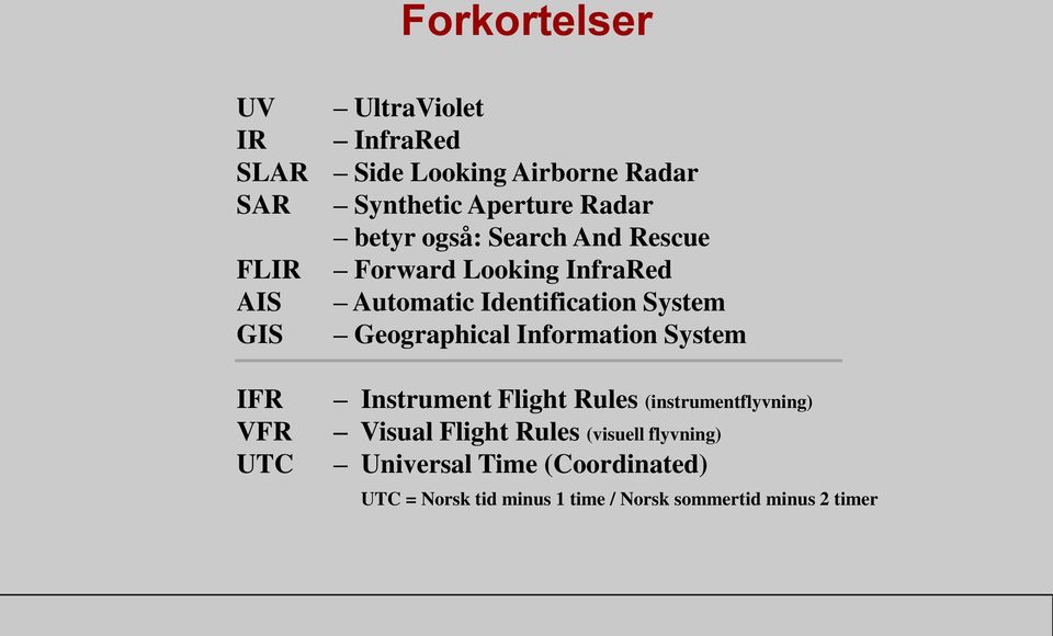 Geographical Information System IFR VFR UTC Instrument Flight Rules (instrumentflyvning) Visual Flight