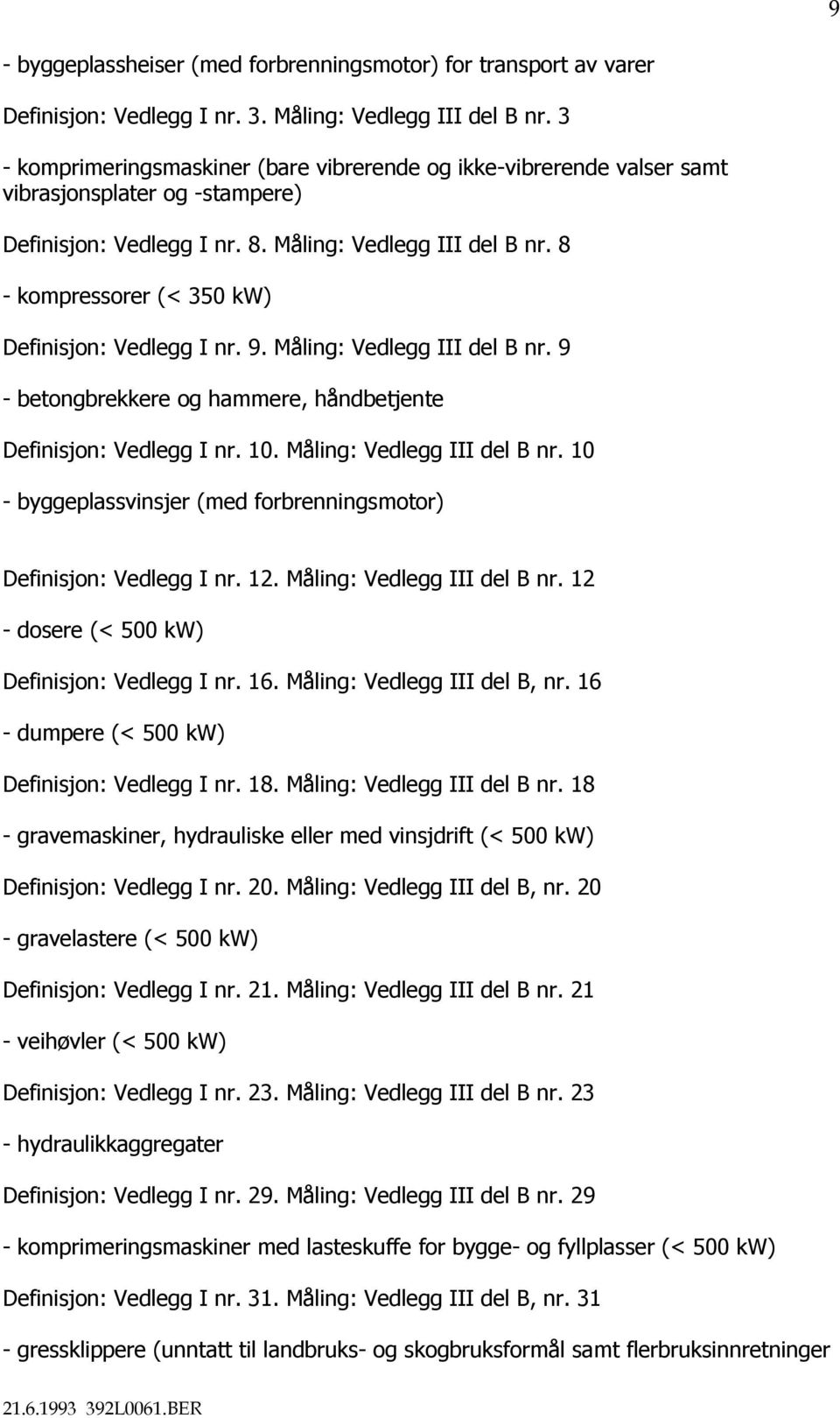 8 - kompressorer (< 350 kw) Definisjon: Vedlegg I nr. 9. Måling: Vedlegg III del B nr. 9 - betongbrekkere og hammere, håndbetjente Definisjon: Vedlegg I nr. 10. Måling: Vedlegg III del B nr. 10 - byggeplassvinsjer (med forbrenningsmotor) Definisjon: Vedlegg I nr.