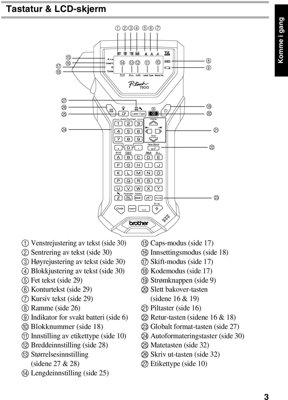 av etikettype (side 10) B Breddeinnstilling (side 28) C Størrelsesinnstilling (sidene 27 & 28) D Lengdeinnstilling (side 25) E Caps-modus (side 17) F Innsettingsmodus (side 18) G Skift-modus (side