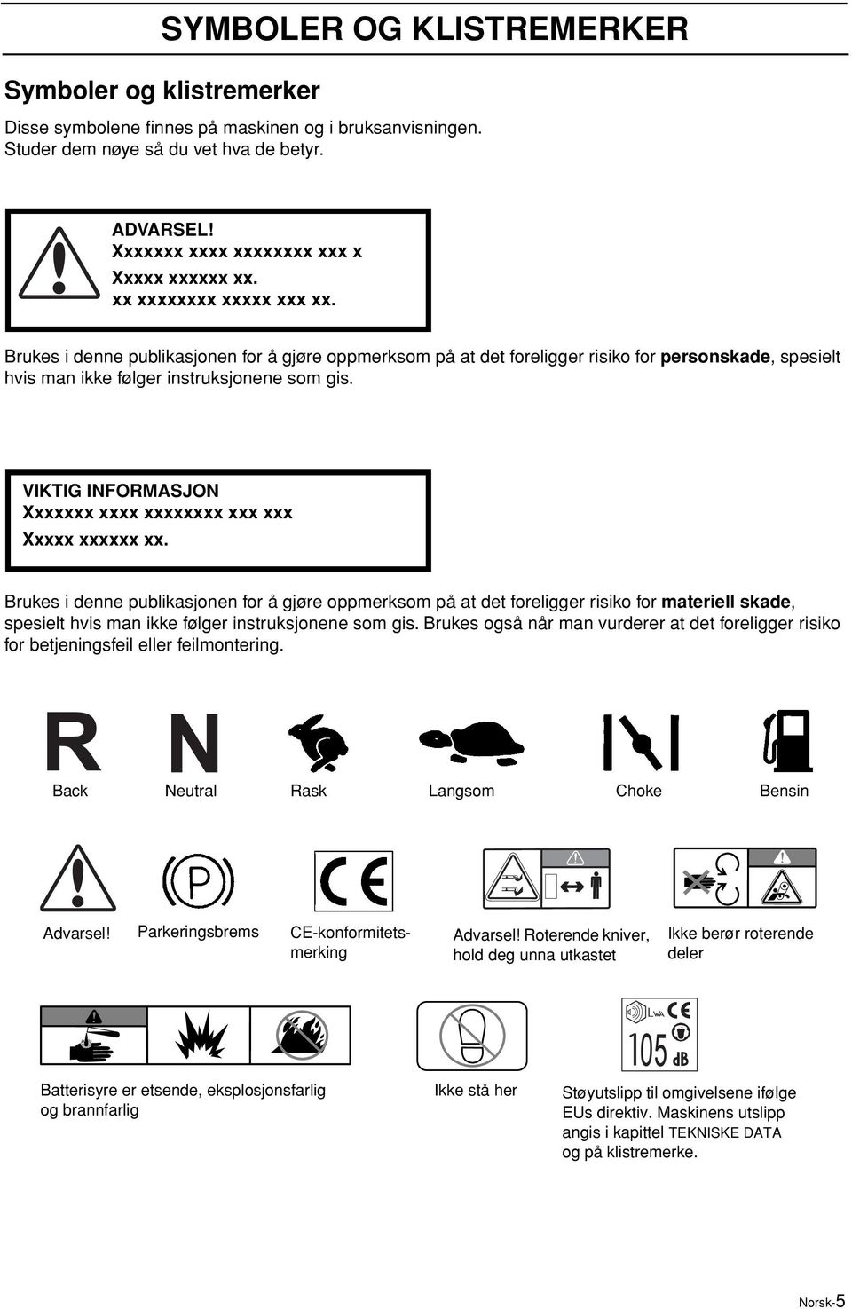 Brukes i denne publikasjonen for å gjøre oppmerksom på at det foreligger risiko for personskade, spesielt hvis man ikke følger instruksjonene som gis.