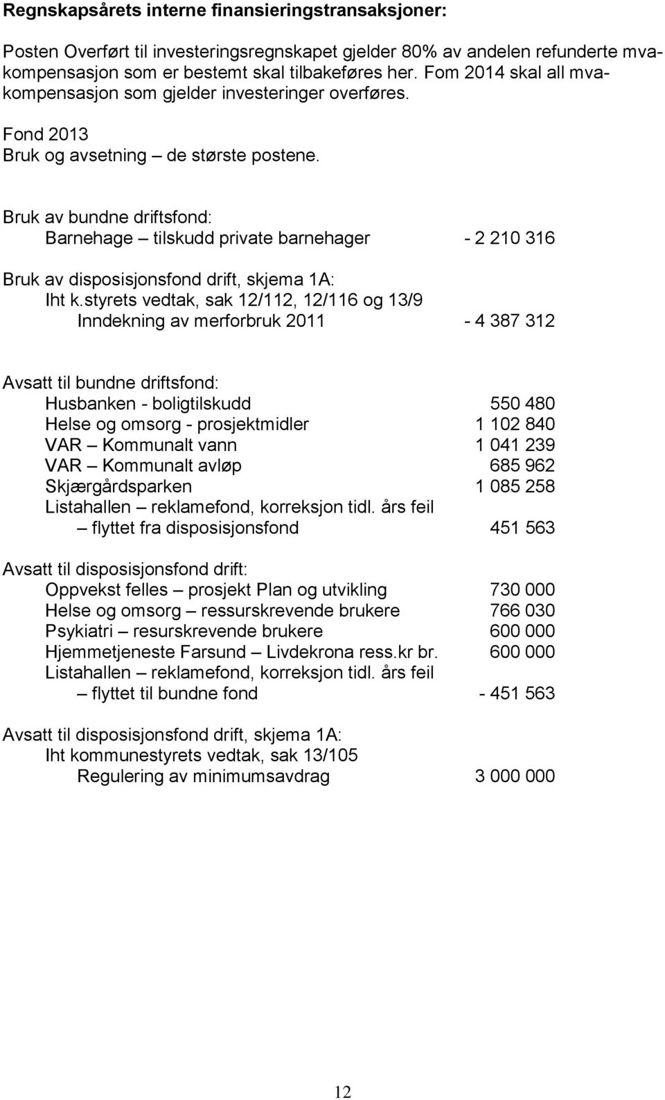 Bruk av bundne driftsfond: Barnehage tilskudd private barnehager - 2 210 316 Bruk av disposisjonsfond drift, skjema 1A: Iht k.