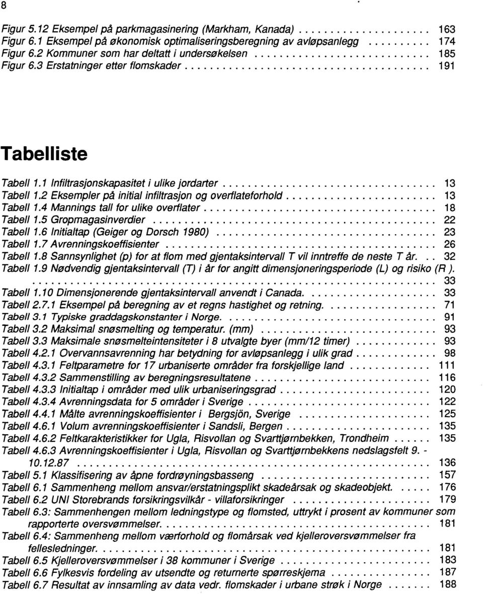 ................................. 13 Tabell 1.2 Eksempler på initial infiltrasjon og overflateforhold........................ 13 Tabell 1.4 Mannings tall for ulike overflater..................................... 18 Tabell 1.