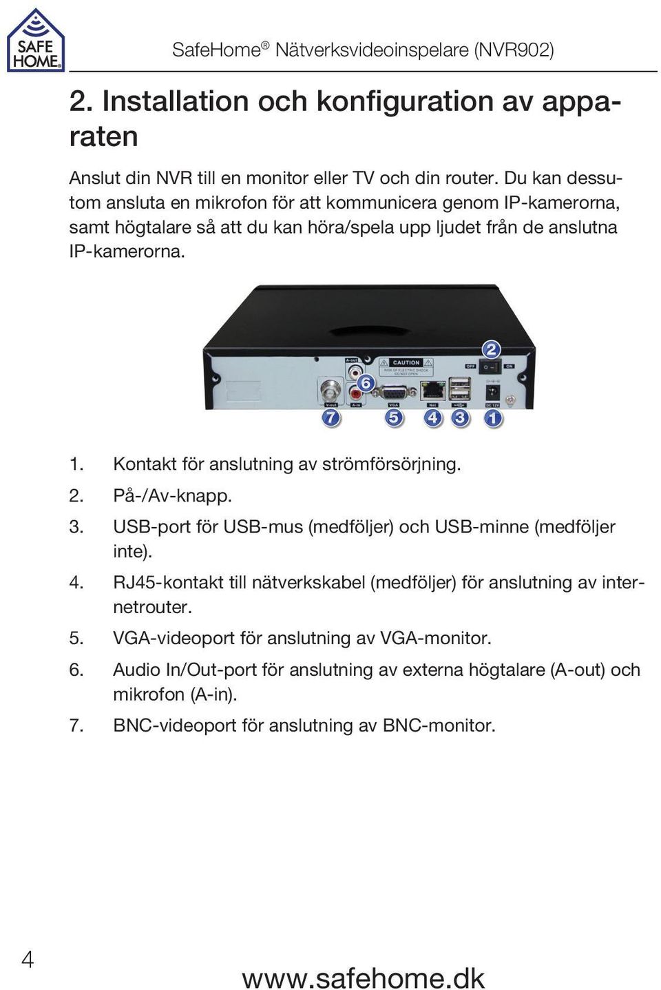 Kontakt för anslutning av strömförsörjning. 2. På-/Av-knapp. 3. USB-port för USB-mus (medföljer) och USB-minne (medföljer inte). 4.