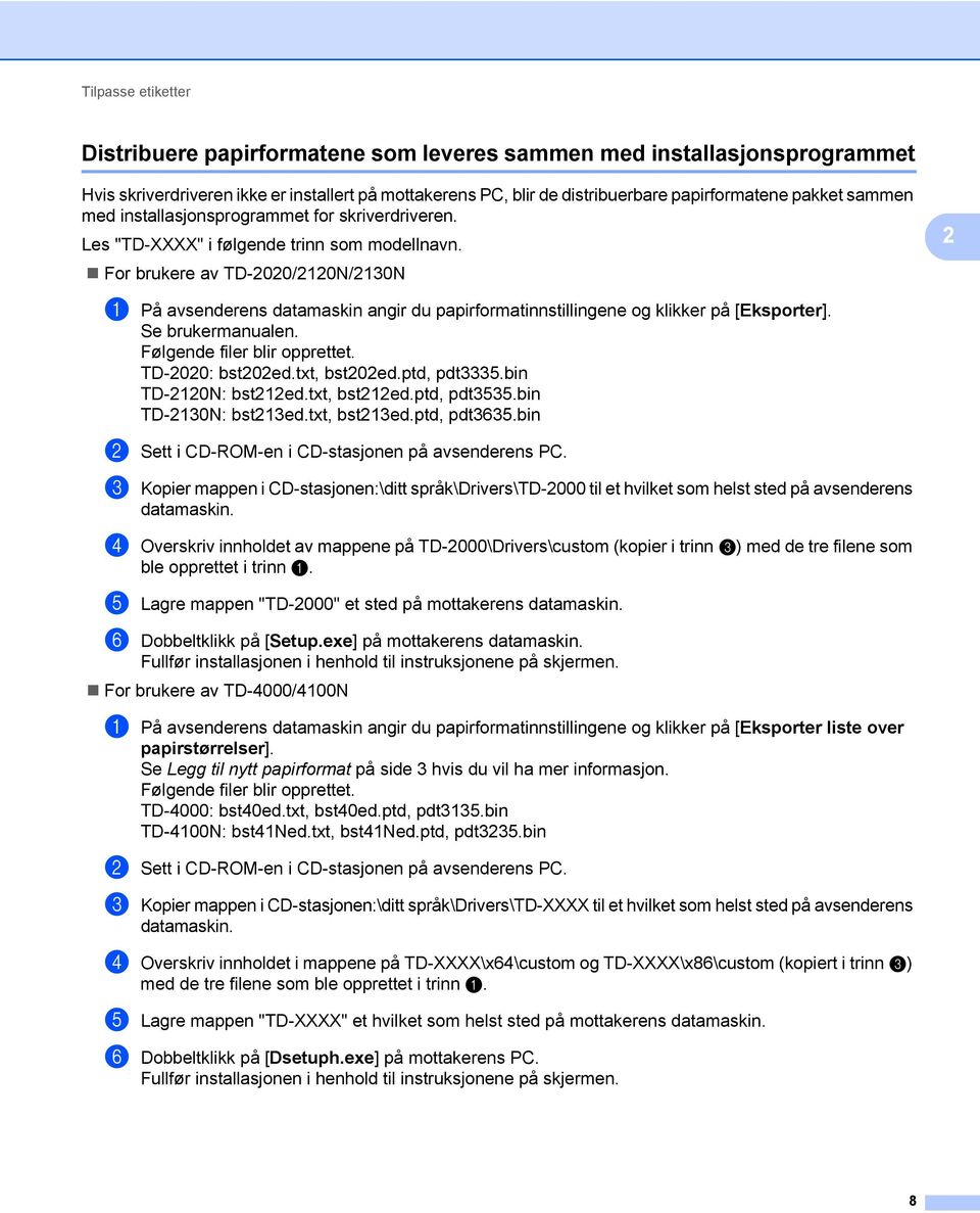 For brukere av TD-2020/2120N/2130N 2 a På avsenderens datamaskin angir du papirformatinnstillingene og klikker på [Eksporter]. Se brukermanualen. Følgende filer blir opprettet. TD-2020: bst202ed.