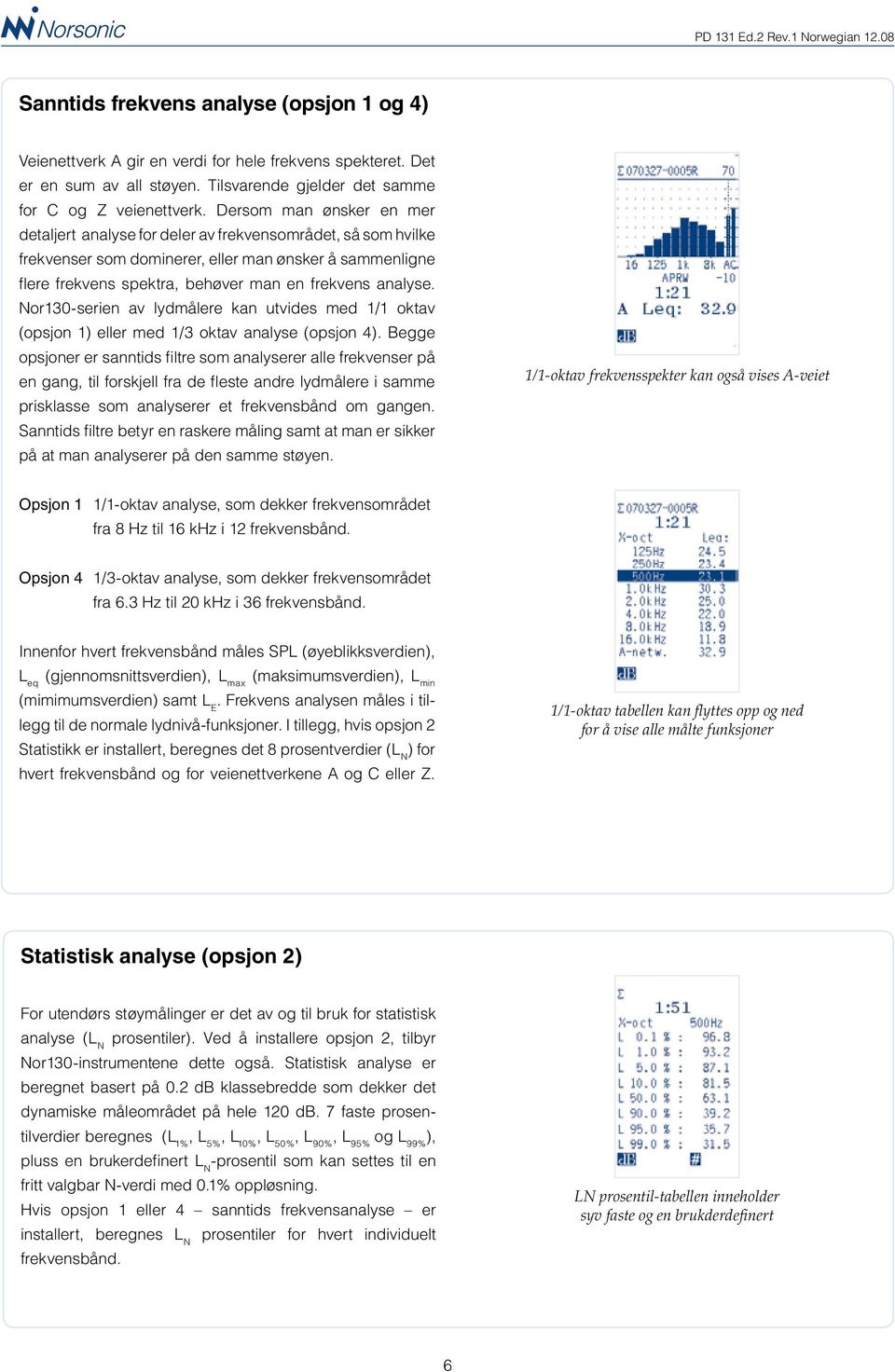 Nor130-serien av lydmålere kan utvides med 1/1 oktav (opsjon 1) eller med 1/3 oktav analyse (opsjon 4).