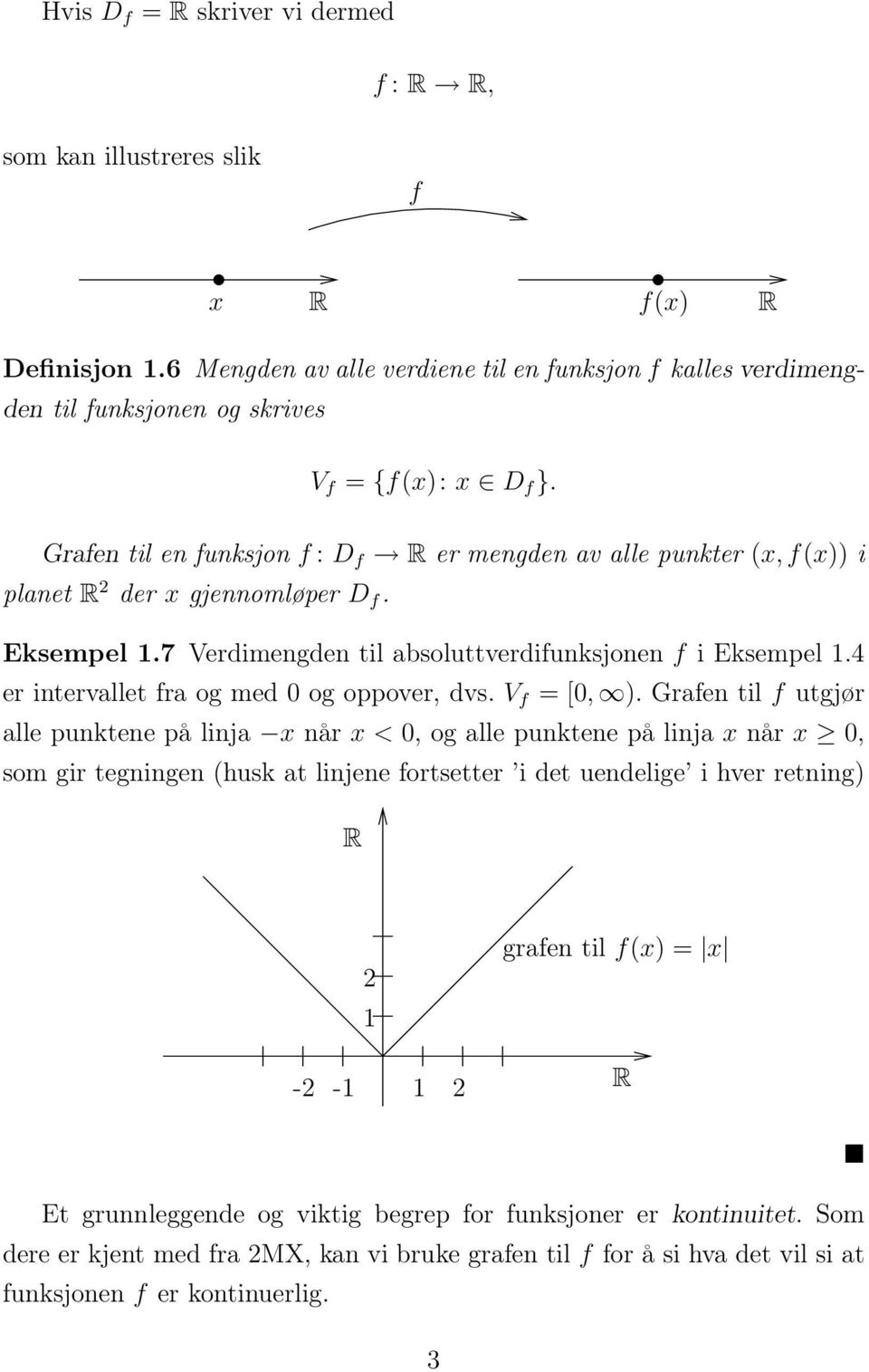Grafen til en funksjon f : D f R er mengden av alle punkter (x, f(x)) i planet R 2 der x gjennomløper D f. Eksempel 1.7 Verdimengden til absoluttverdifunksjonen f i Eksempel 1.